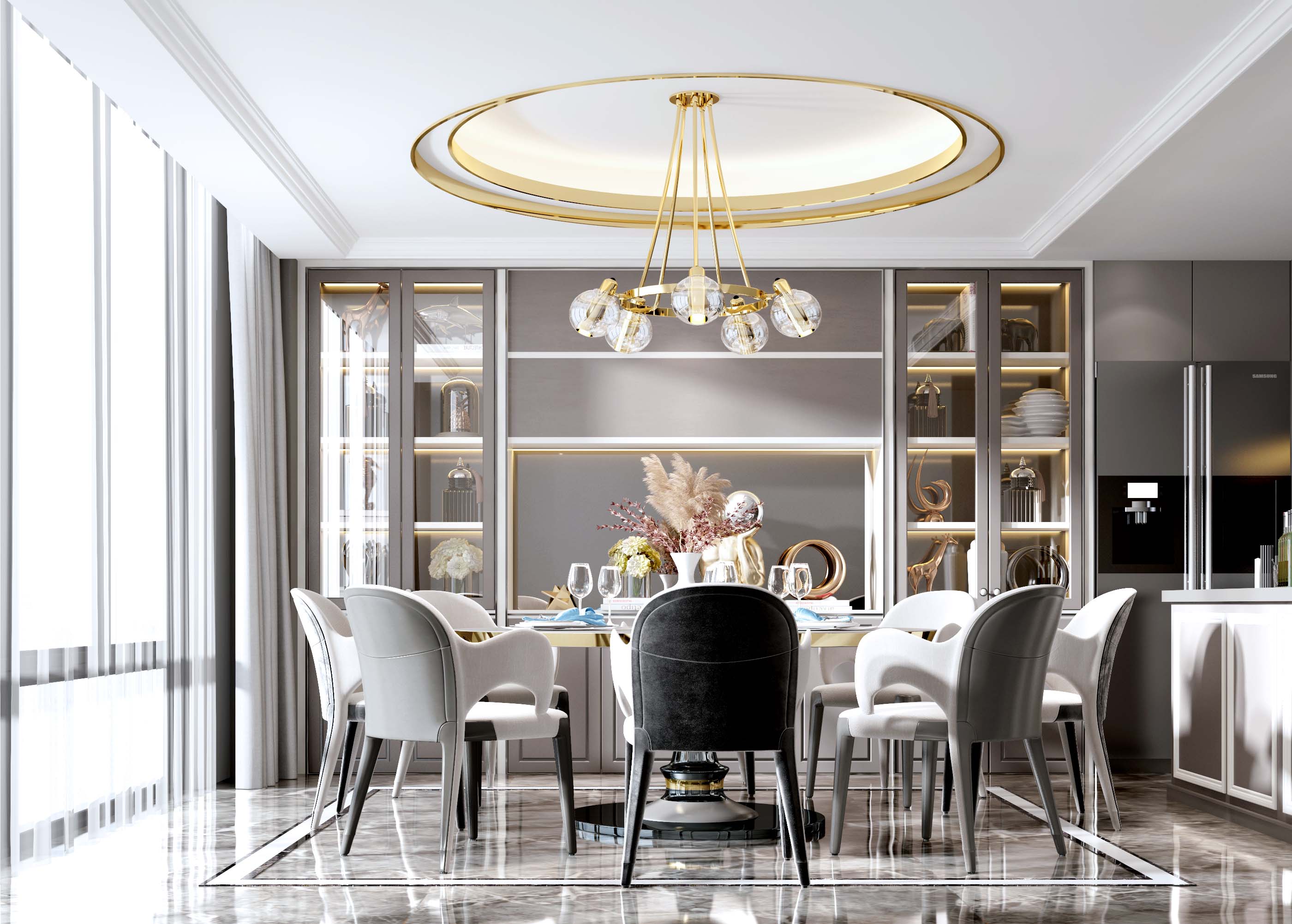新中式餐厅 餐桌 餐椅 吊灯 挂画 边柜 餐具 装饰品-室内设计-拓者设计吧