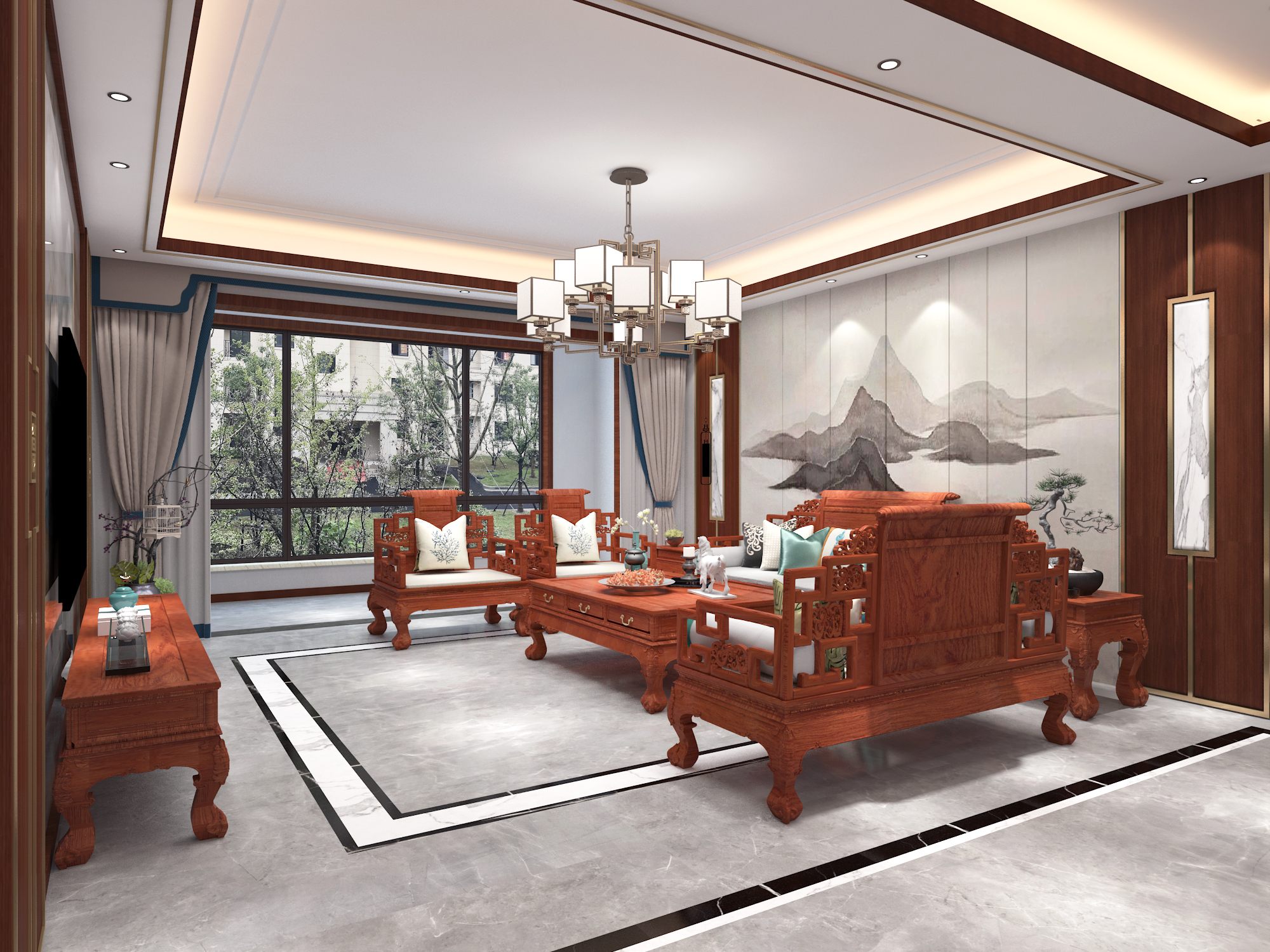 中式红木家具客厅效果图大全 – 设计本装修效果图