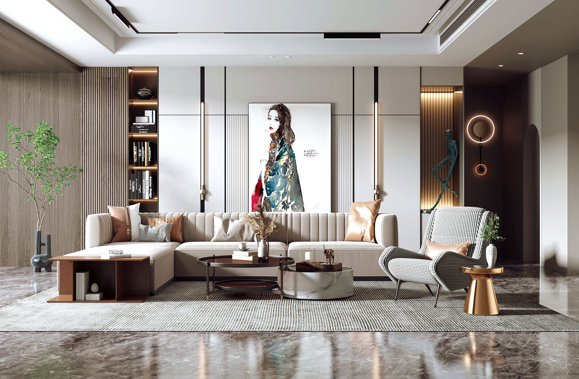 现代客厅 多人沙发 休闲椅 吊灯 挂画 绿植 屏风-室内设计-拓者设计吧