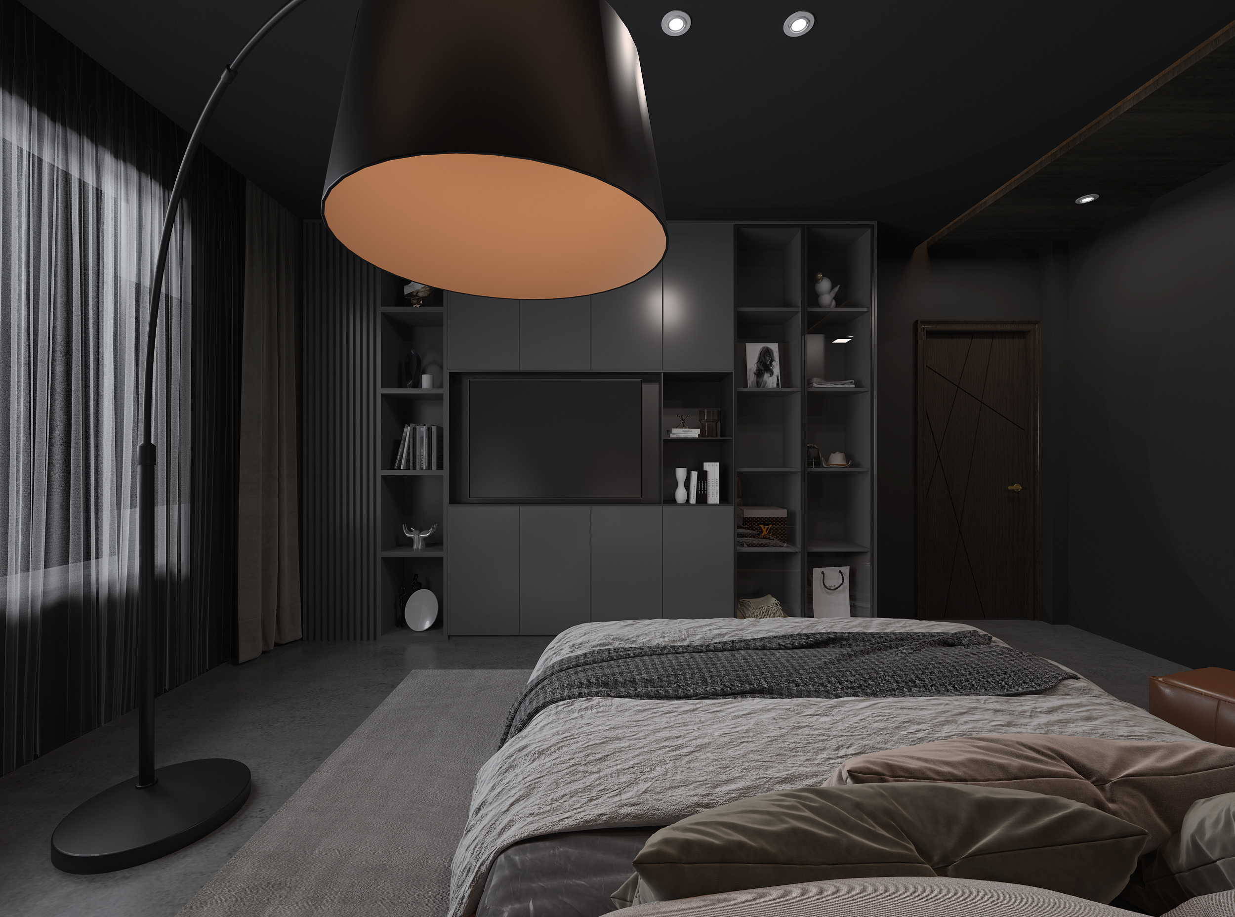 卧室主色为黑色,瞬间让整个空间更显神秘,高级,深邃