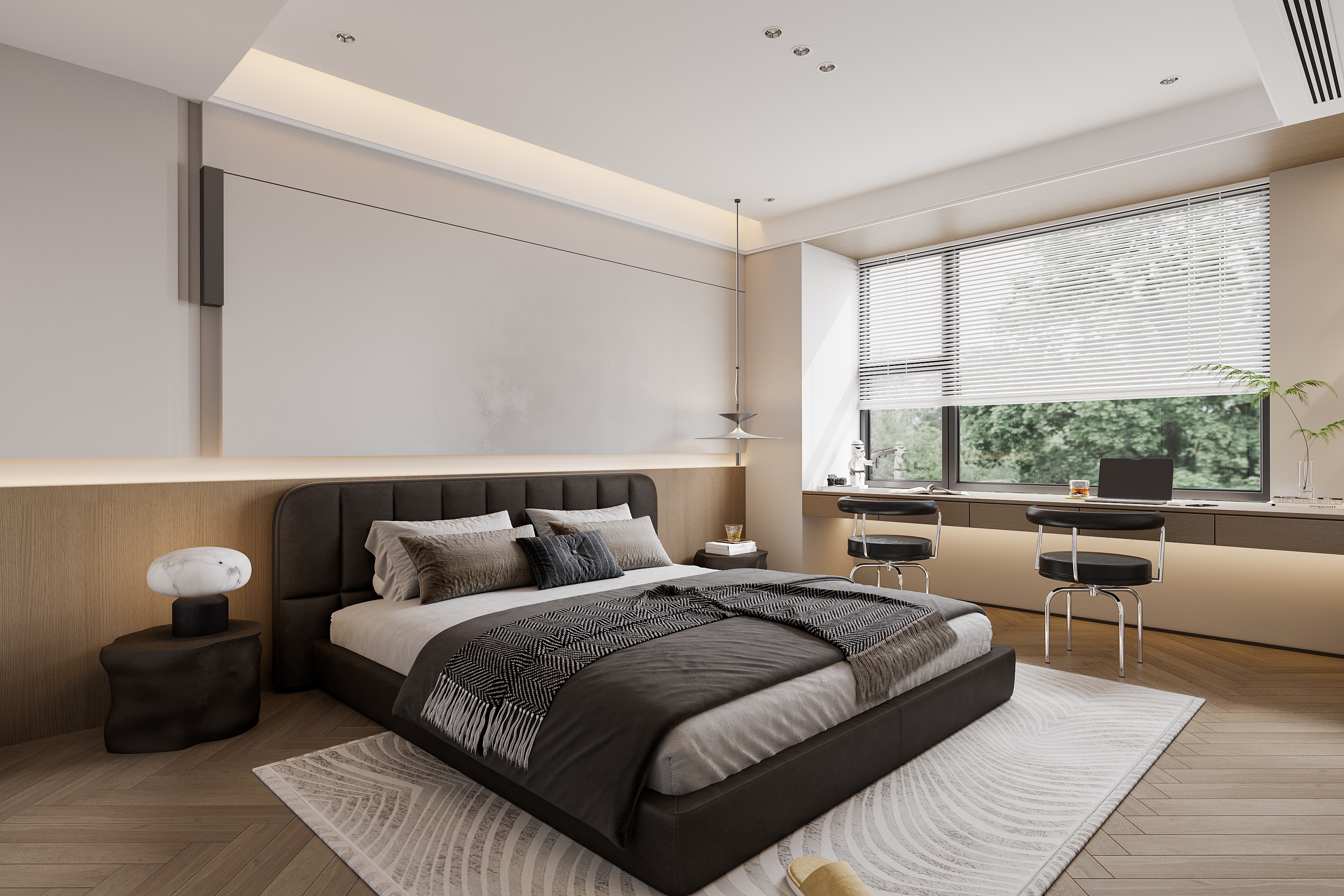 现代卧室 现代主卧 衣柜 隐形门 书桌椅组合 书桌摆件 现代双人床 现代吊灯-室内设计-拓者设计吧