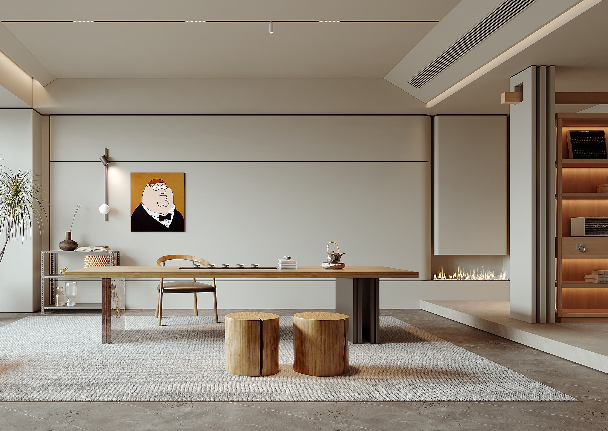现代茶室,茶桌,轨道灯,摆件,茶具,矮凳,单椅,单人沙发, 盆栽 ,挂画-室内设计-拓者设计吧