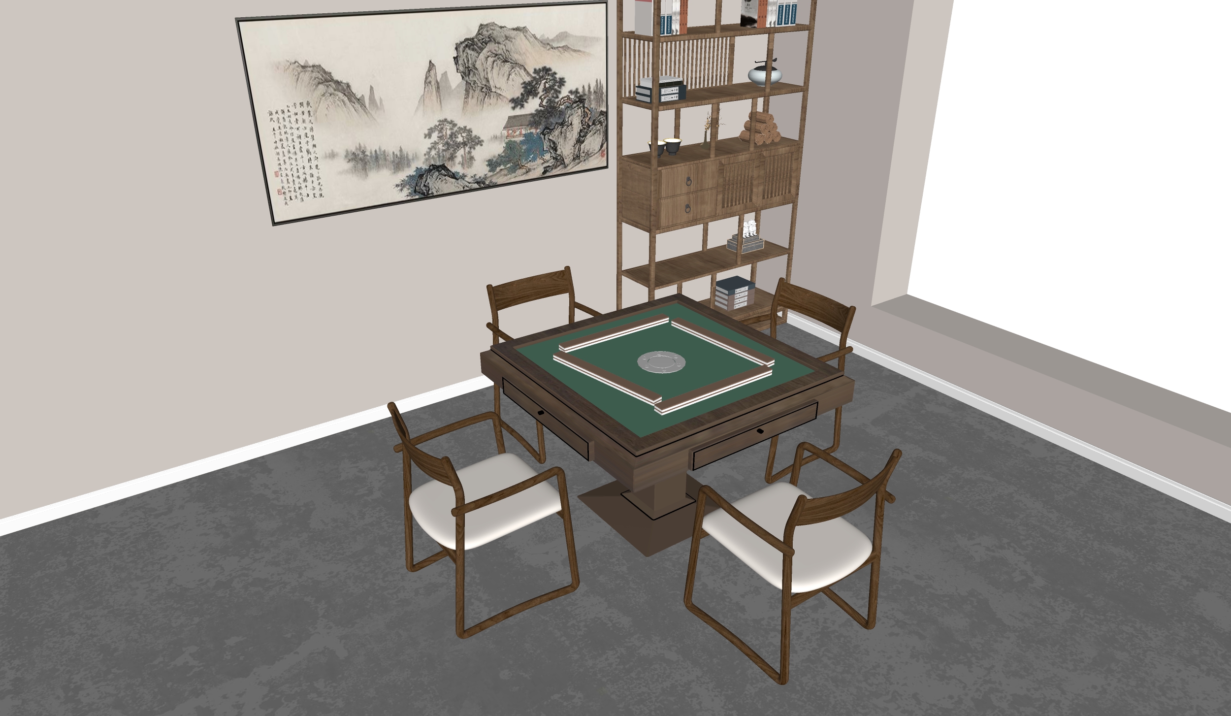 新中式棋牌室 麻将桌椅组合 博古架 中式装饰画 书籍摆件-室内设计-拓者设计吧