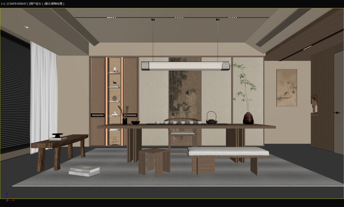 新中式茶室，茶桌组合，茶室柜，会所茶室，挂画，茶室背景，单椅，长凳-室内设计-拓者设计吧