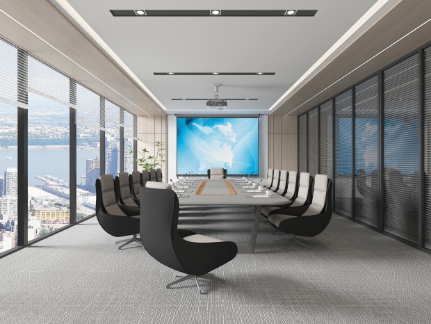 现代会议室 会议桌椅 绿植 投影幕布 玻璃隔断 幕墙 遮光帘 块毯