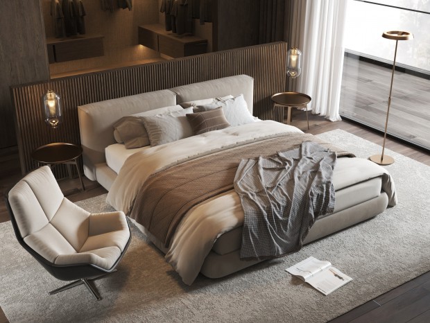 VR Minotti现代双人床，现代卧室，轻奢卧室，双人床，休闲沙发，小吊灯，台灯，落地灯