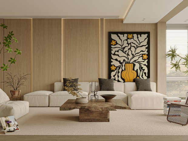 现代 客厅 沙发 单椅 茶几 窗帘 地毯 书架 饰品 挂画