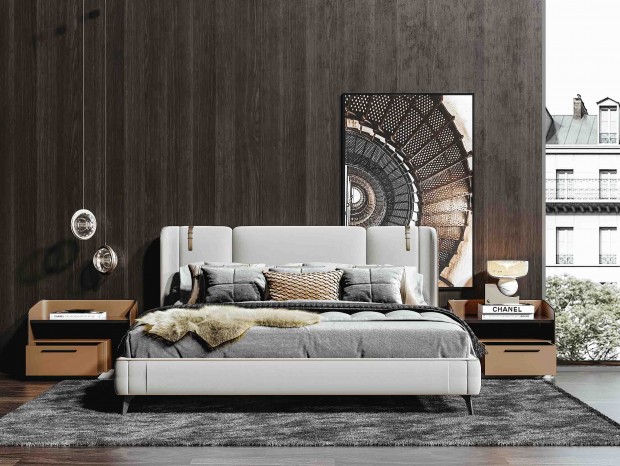 意大利米洛提现代双人床，床头柜，吊灯，挂画