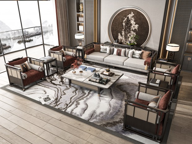 VR  新中式客厅 沙发茶几组合 多人沙发 茶几 休闲椅 边几角几