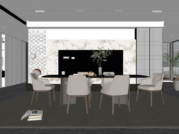 现代家居餐厅 餐桌椅组合 无主灯餐厅 地毯 饰品