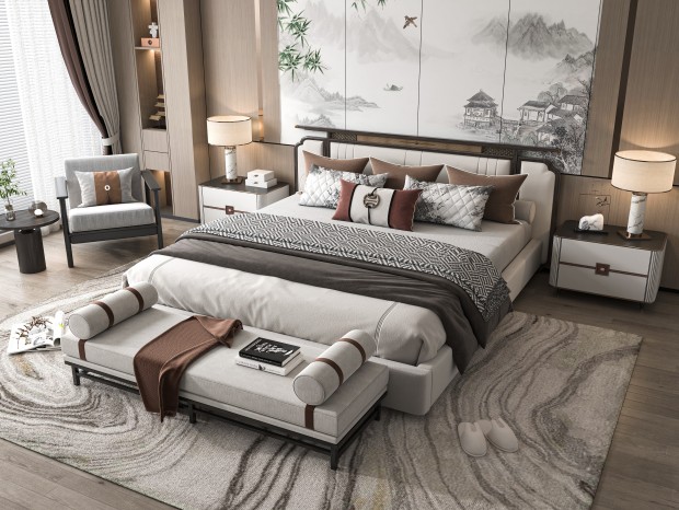 新中式双人床 床头柜 床尾凳 床头背景墙