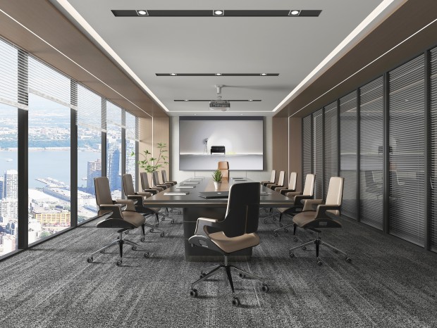 现代会议室 会议桌椅 绿植 投影幕布 玻璃隔断 幕墙 遮光帘 块毯