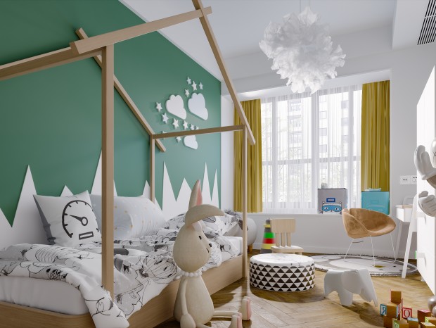 北欧现代简约轻奢风格儿童房，北欧儿童房，现代简约儿童房，云彩吊灯，儿童玩偶，衣柜