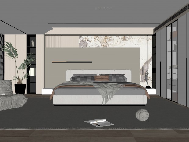 现代卧室 双人床 饰品 休闲椅 床头吊灯 造形吊顶 衣柜