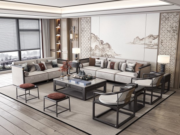 VR  新中式客厅 沙发茶几组合 多人沙发 茶几 休闲椅 边几角几