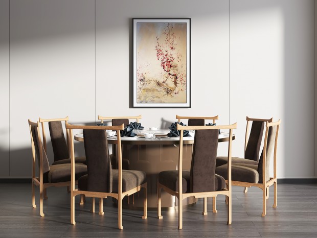 VR  新中式餐桌椅 多人圆形餐桌椅 单人休闲椅餐椅 岩板餐桌 包厢餐桌椅 装饰挂画