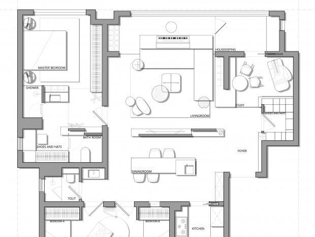 140㎡ 一居室平面方案 CAD PSD 贴图---神无月