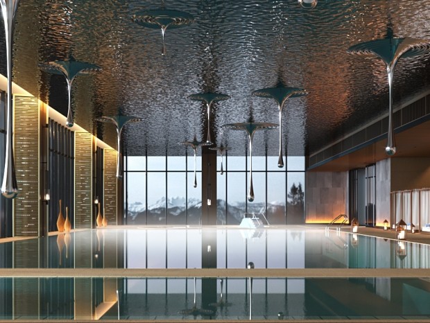 中式酒店 游泳区 休息区