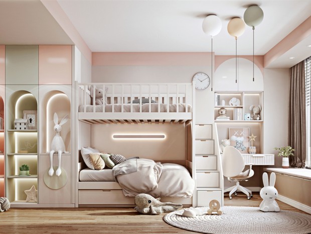 现代儿童房 上下铺儿童床 书桌 书柜 装饰柜 玩具 装饰品 气球灯 电脑椅