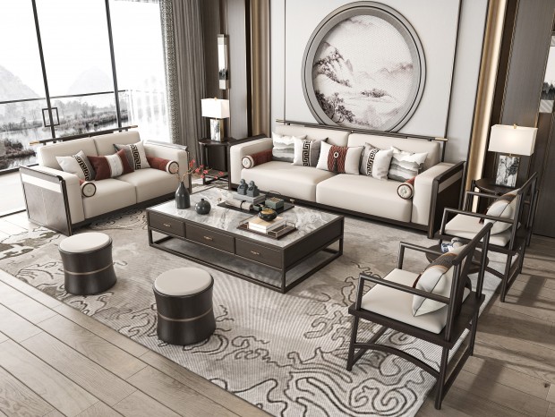 新中式客厅 沙发茶几组合SU模型