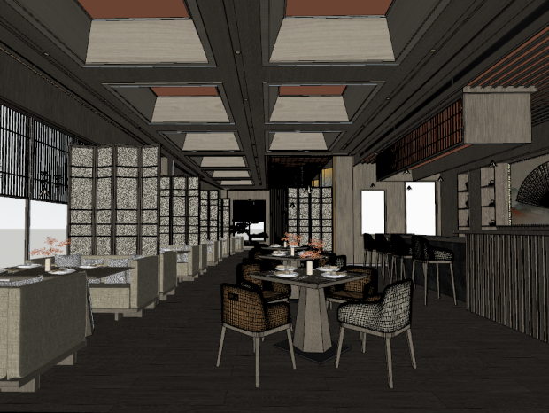 新中式酒店餐厅SketchUp模型 渲染器：Enscape