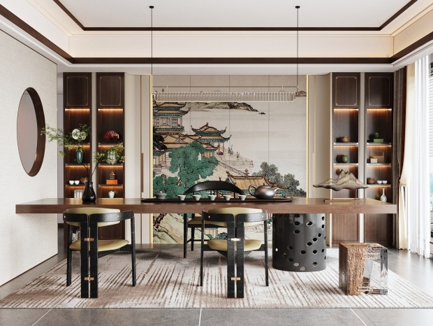 新中式茶室  茶桌椅  装饰柜 窗帘