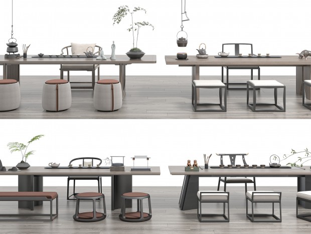 新中式茶桌椅组合SketchUp模型 渲染器：Enscape