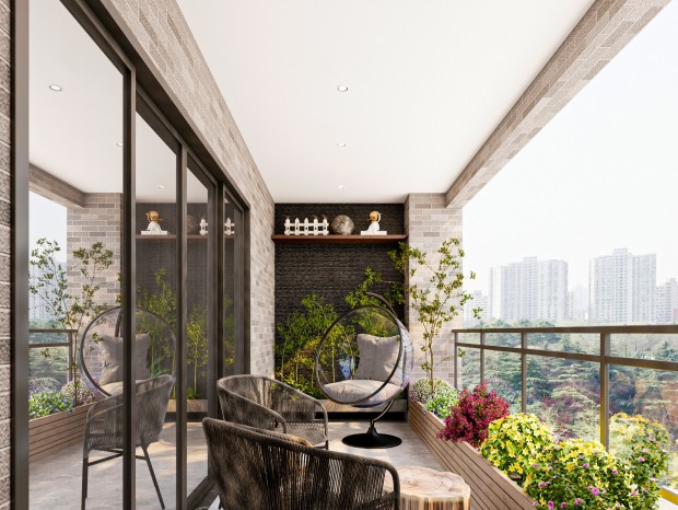 CR  现代阳台 潮玩 花卉 休闲椅 摆设 植物 花园 木桌 瓷砖