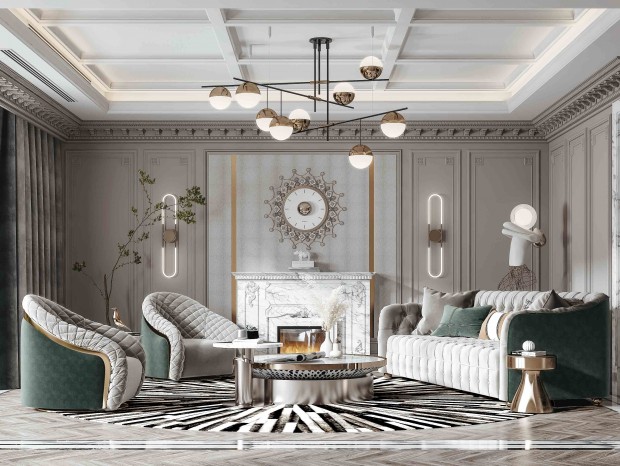 美式客厅，沙发，茶几，单椅，吊灯