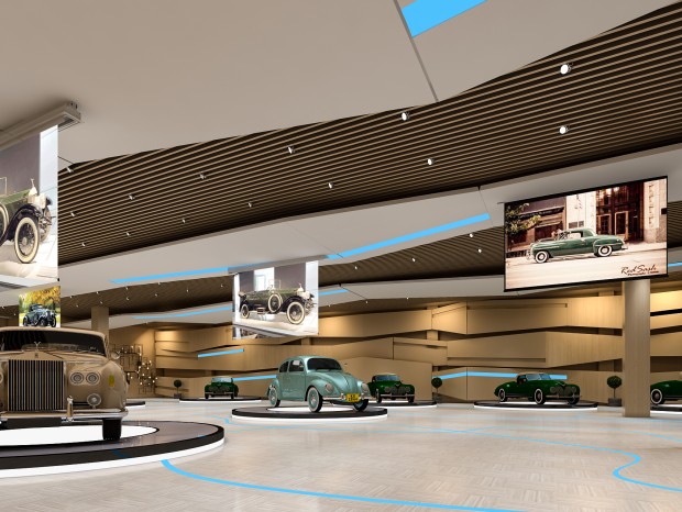 现代简约科技展厅，现代汽车科技展厅，商业展厅，科技感展厅，汽车，道奇车，投影仪，
