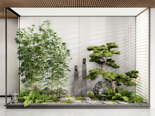 新中式庭院景观小品 松树 竹子