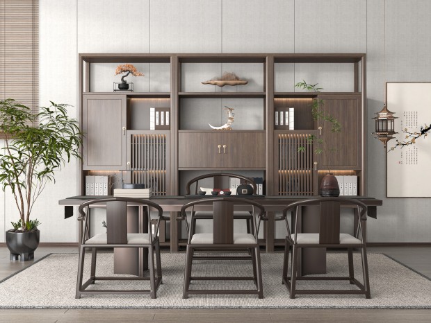 新中式茶室，茶桌椅组合，博古架，装饰柜，置物架，绿植盆栽，挂画