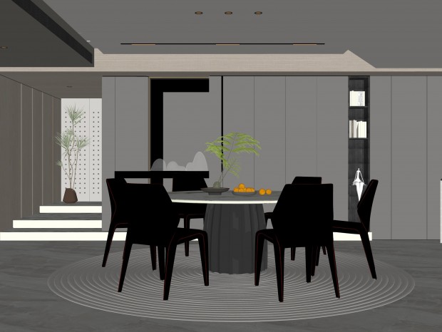 现代家居餐厅 无主灯餐厅 餐桌椅组合 酒柜 地毯 饰品