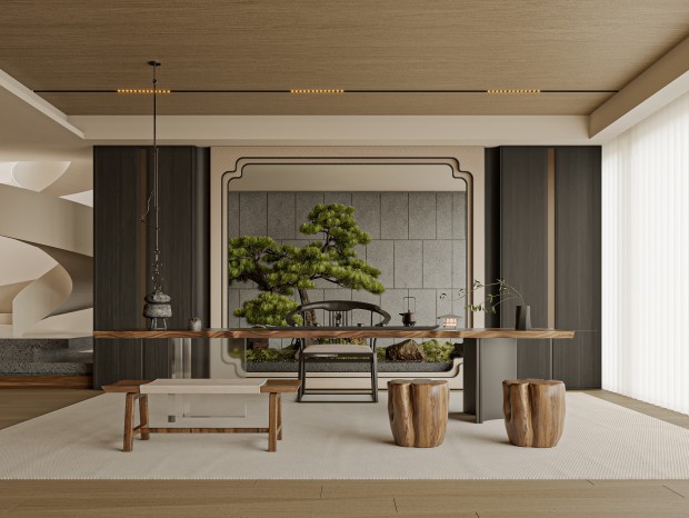 新中式 茶室 茶桌椅 盆栽 茶具 饰品摆