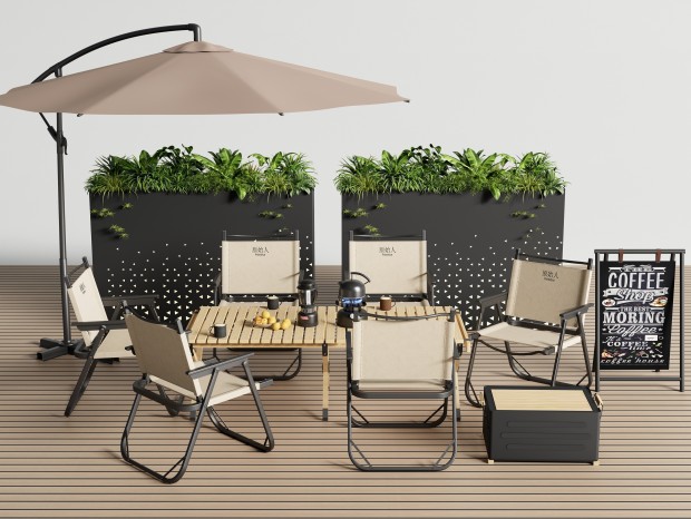 现代户外桌椅组合 露营桌椅 植物花箱 遮阳伞