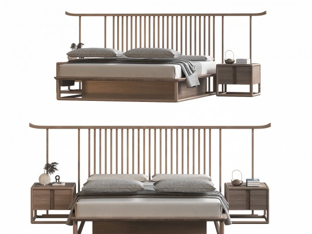新中式双人床 新中式木质双人床 原木床 木质床头柜