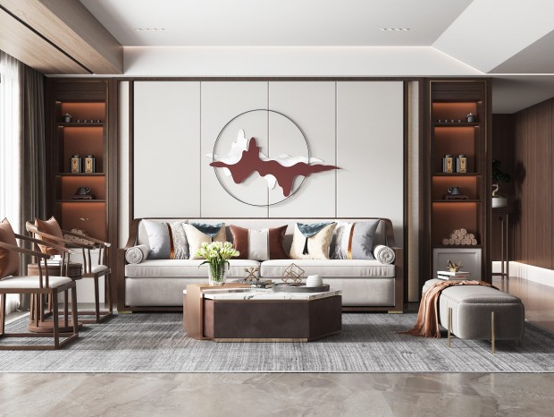 VR  新中式客厅，新中式沙发背景墙，新中式沙发茶几组合