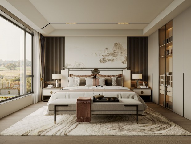 新中式 卧室 床 床头柜 饰品 窗帘 地毯 床头背景 衣柜