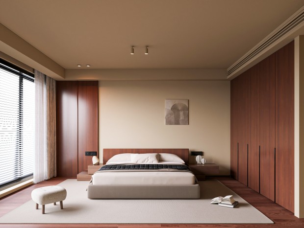现代中古风卧室 双人床 床上用品 床头柜 装饰挂画 摆件 饰品