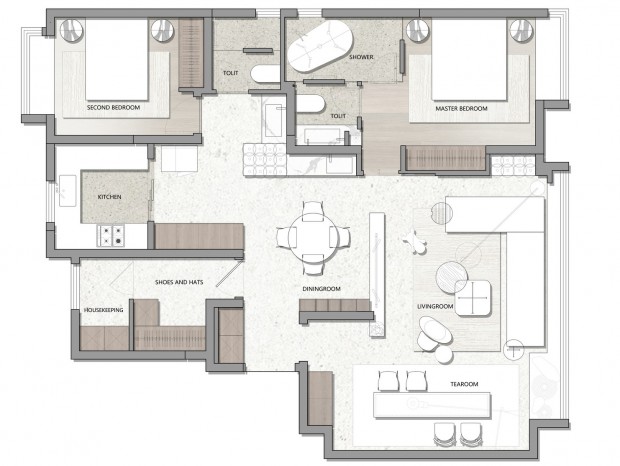 130㎡ 两居室 平面方案 CAD+PSD+贴图