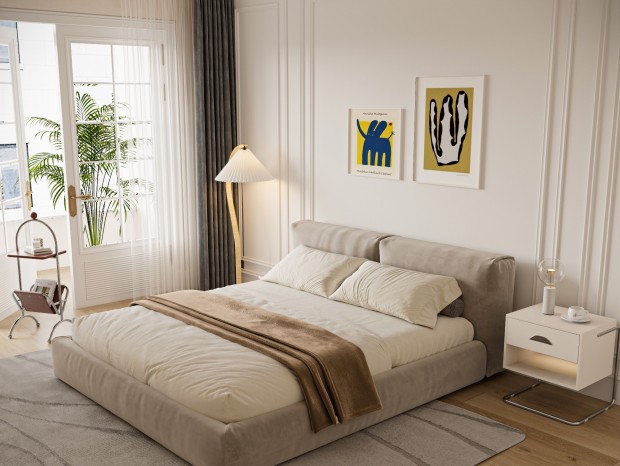现代奶油卧室 落地灯 台灯 置物架 床头柜 装饰挂画 纱帘 绿植 地毯 木地板