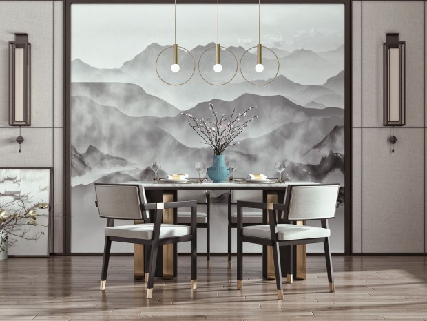 新中式餐厅  餐桌椅  方形餐桌  吊灯  挂画  摆件