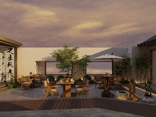 VR   新中式庭院 餐桌椅 植物 茶室 茶台 凉亭 遮阳伞 帘子 墩子 吊灯