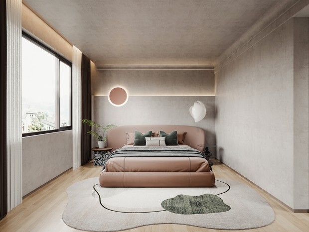 现代主卧室 侘寂风卧室 双人床 床头背景 床头吊灯 绿植盆栽