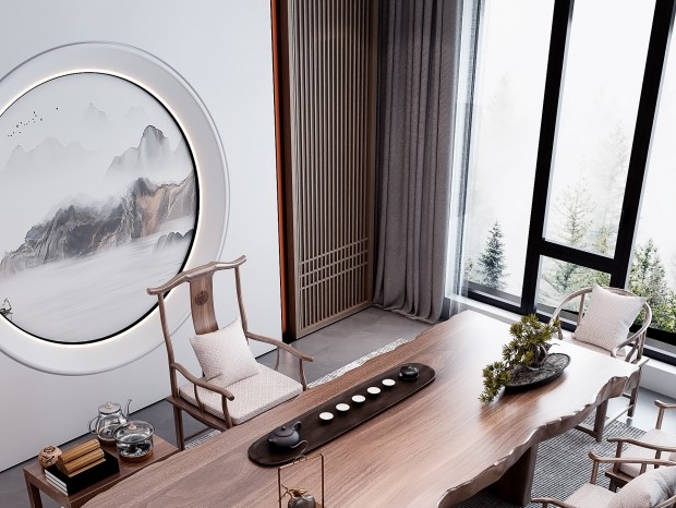 VR 新中式茶桌椅组合 实木大板茶桌