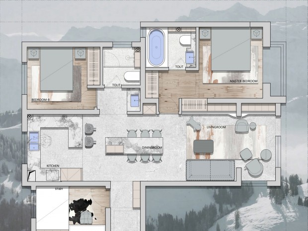 100㎡ 三居室平面方案 CAD PSD 贴图