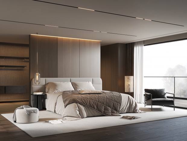 Minotti现代双人床，现代卧室，轻奢卧室，双人床，休闲椅，小吊灯，落地灯