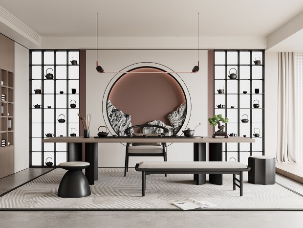 新中式茶室 茶桌椅组合 茶柜 背景墙 吊灯 窗帘 地毯 装饰摆件