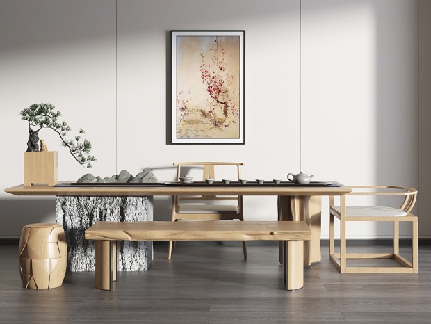 VR 新中式茶桌椅 木质长条茶桌椅 休闲椅餐椅 新中式茶具摆件 圆凳长条凳