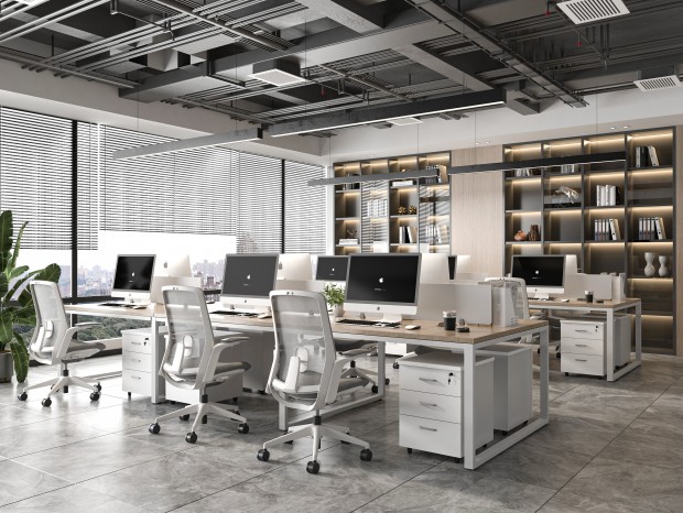 VR  现代公共办公室 员工办公区 办公桌椅组合 管道吊顶 办公用品